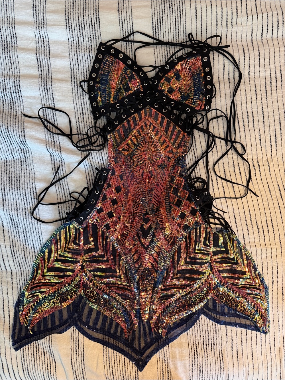 Disco Lemonade Rave Fairy Dress Iridescent Sequins Lace Up Grommets Festival